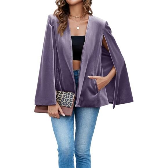 Women's Velvet Cape Blazer Jackets Casual Split Long Sleeve Open